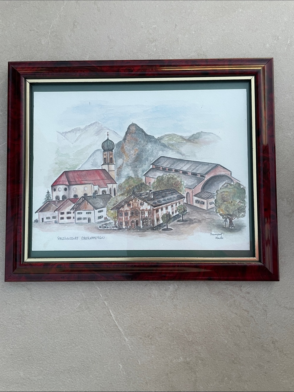 Framed Passionsdorf Oberammergau Village Watercolor by Baumgartl Monika